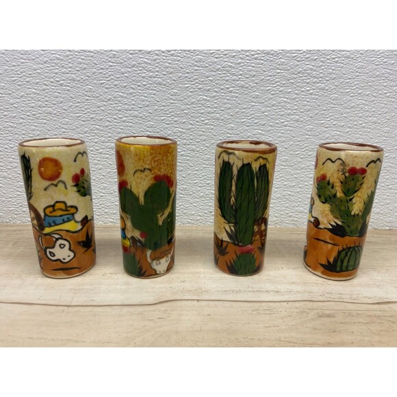 Mexican Folk Art Terracotta Pottery Tumblers Hand Painted Set Of 4